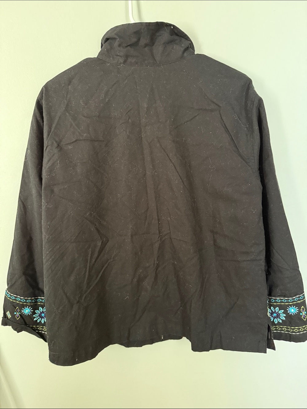 Black Embroidered Zip-Front Jacket with Teal Floral Motif Size Large - Picture 8 of 9